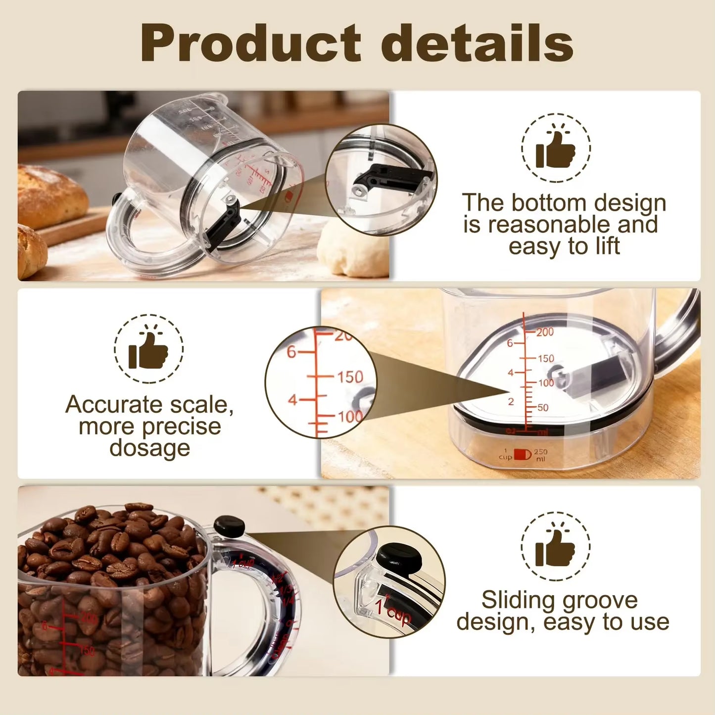 Adjustable Measuring Cup Multi-Functional Measuring Cup with Scraper-Style Seal Base Measurings Cube Cups for Cooking Kitchen